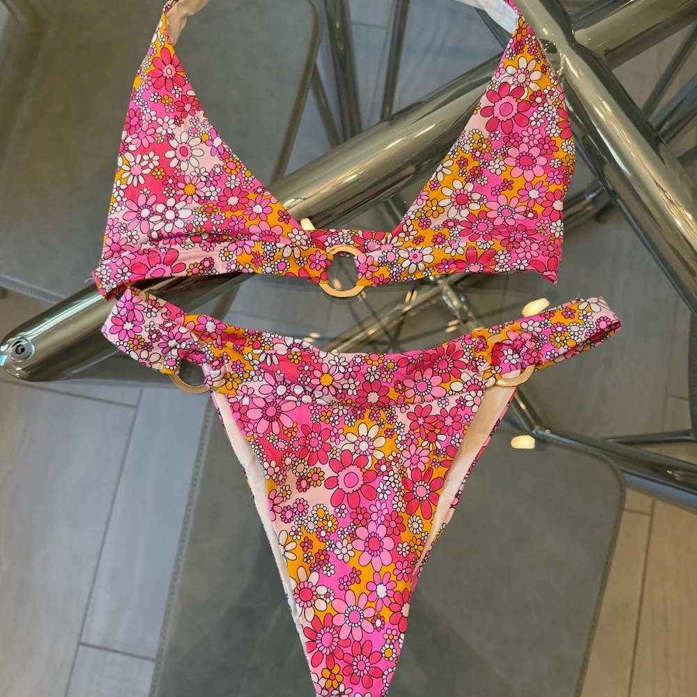 Frankie's Bikinis Pink Floral Halter Bikini with Gold Rings